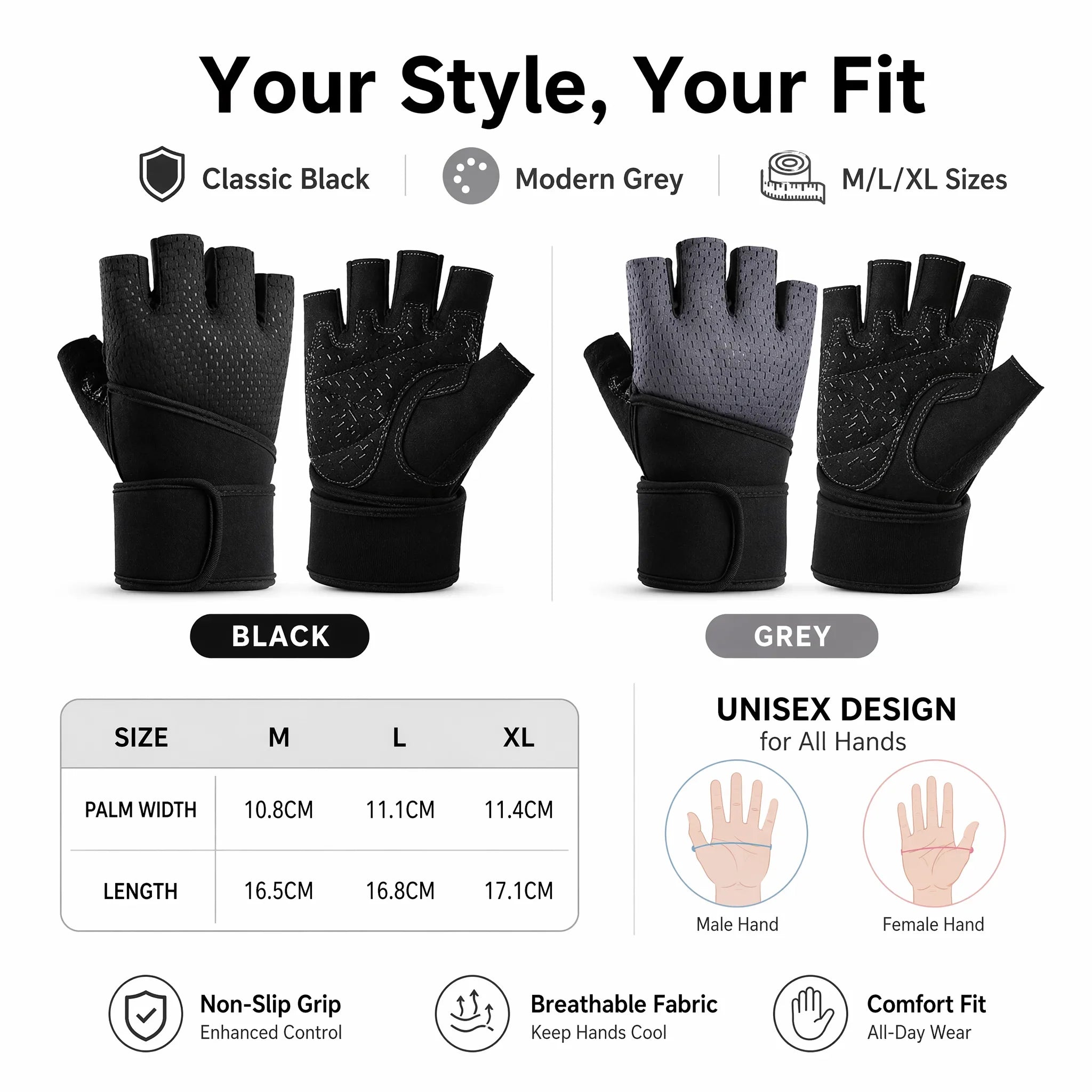 Weight Lifting Gym Gloves with Wrist Straps, Anti-Slip Half Finger Workout Gloves, Breathable Palm Protection Anti-Cocoon Grips